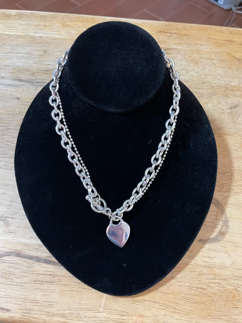 Heart tag toggle necklace silver tone 16 inch oval cable links ball bead chains - Picture 3 of 9